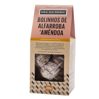 Pacote de bolinhos de alfarroba e amêndoa com embalagem de papel reciclado e janela transparente