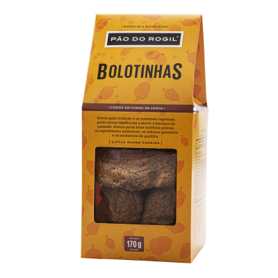 Embalagem amarela com bolachas Bolotinhas Pão do Rogil 170g