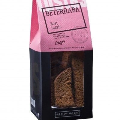 Embalagem rosa e preta de tostas artesanais de beterraba com janela transparente