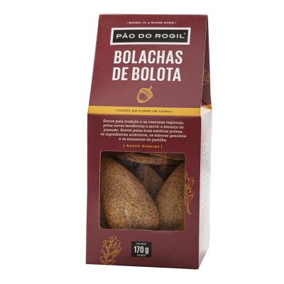 Embalagem de bolachas de bolota Pão do Rogil com janela transparente e texto em português