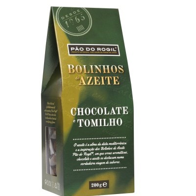 Embalagem verde e amarela de bolinhos de azeite sabor chocolate e tomilho da marca Pão do Rogil