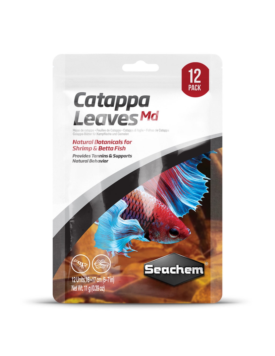 Seachem Catappa Leaves Medium Pacote de folhas Catappa Md para camarão e peixe Betta com imagem de peixe colorido.