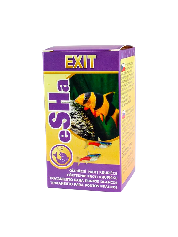 Esha Exit Embalagem eSHa EXIT para tratamento de peixes com design amarelo e roxo e peixes coloridos