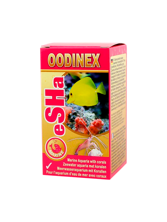 Esha Oodinex Caixa de produto para aquários marinhos com imagem de um peixe amarelo e camarão