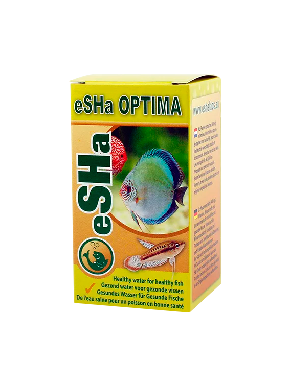 Esha Optima Embalagem do suplemento para peixes eSHa OPTIMA com imagem de peixes e texto multilingue