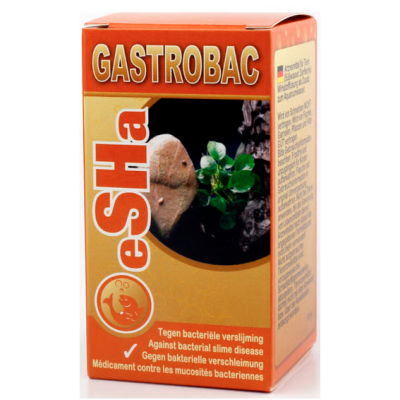 Embalagem laranja do produto GASTROBAC da marca eSHa com texto e imagem de planta e pedra