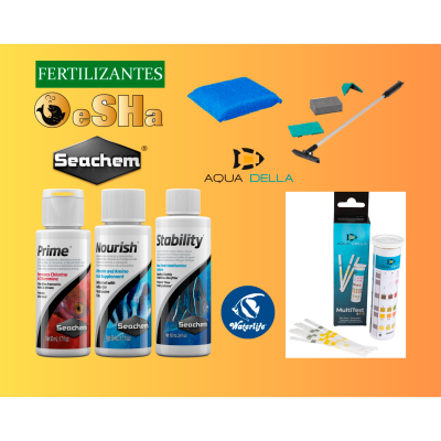 Fertilizantes Seachem, teste Aqua Della, esponjas coloridas e cabo com pega