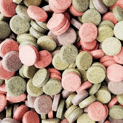 Pastilhas redondas rosa, verde e cinza com textura granulada