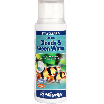 Frasco de produto para clarificação de água em aquários com rótulo azul e verde e peixes tropicais
