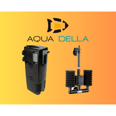 Dois filtros de aquário pretos Aqua Della sobre fundo laranja