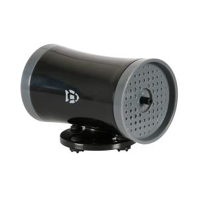 Dispositivo preto cilíndrico com lados cinzentos e suporte giratório