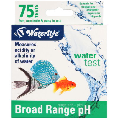 Embalagem do teste de água Waterlife Broad Range pH para medir acidez ou alcalinidade, com imagens de peixes e texto