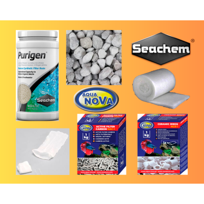 Produtos para filtragem de aquários incluindo Purigen, pedras filtrantes, material fibroso e pacotes Aqua Nova com carvão ativo e anéis cerâmicos.