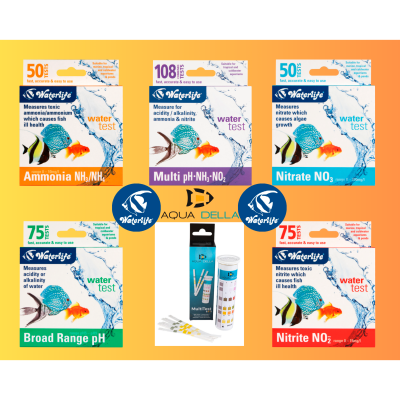 Kits de testes de água para aquários Waterlife e Aqua Della em fundo amarelo.