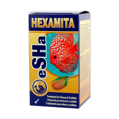 Embalagem do produto HEXAMITA OeSHa para tratamento de peixes Discus e Cichlids