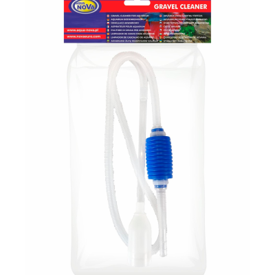 Aspirador para aquário com tubo transparente e bomba azul em embalagem de plástico