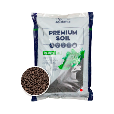 Saco branco de substrato Premium Soil com detalhes em azul e verde, texto e imagem de folhas verdes