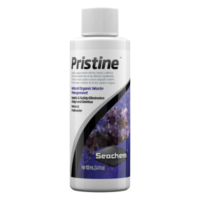 Frasco branco Pristine Seachem para gestão orgânica de resíduos com rótulo azul e imagem de peixe