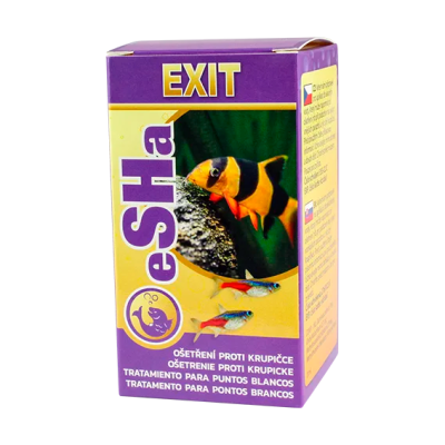 Embalagem eSHa EXIT para tratamento de peixes com design amarelo e roxo e peixes coloridos