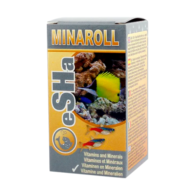 Caixa de ração para peixes MINAROLL eSHa com imagem de peixe e texto multilingue