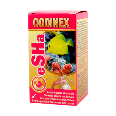 Caixa de produto para aquários marinhos com imagem de um peixe amarelo e camarão