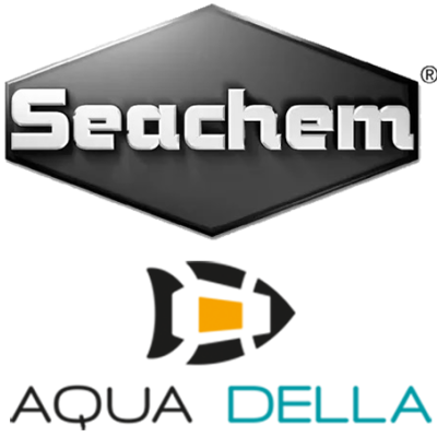 Logotipo Seachem com texto Aqua Della e ícone de peixe