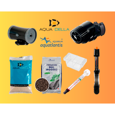 Acessórios para aquário como bombas, substrato, termómetro e recipiente plástico sobre fundo laranja