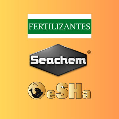 Etiqueta de fertilizantes Seachem eSHa com fundo laranja e logótipo com peixe