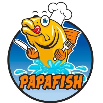 Logótipo de peixe amarelo com chapéu de chef e texto PAPAFISH