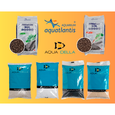 Sacos de substrato para aquários das marcas Aquatlantis e Aqua Della em fundo amarelo e laranja