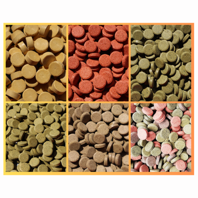 Comprimidos coloridos redondos em secções separadas por cor