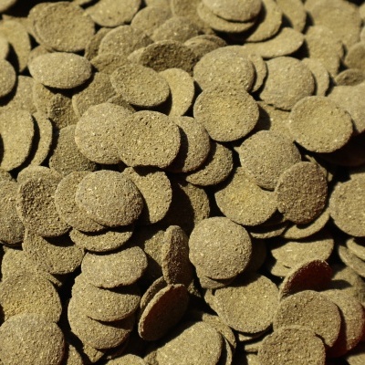 Pastilhas castanhas pequenas com textura rugosa amontoadas