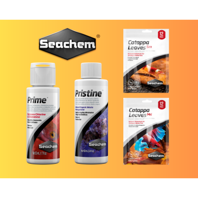 Produtos para aquário Seachem Prime, Pristine e Catappa Leaves em embalagem plástica e pacotes em fundo amarelo e laranja