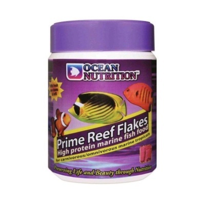 Frasco de comida para peixes marinhos Prime Reef Flakes da Ocean Nutrition com tampa roxa