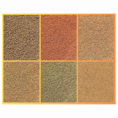 Seis amostras de texturas granulares em tons terrosos organizadas em grade