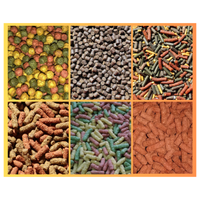Seis tipos diferentes de pellets e granulados coloridos para alimentação animal.
