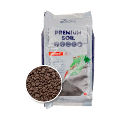 Embalagem de solo premium para camarões branco com texto e imagem de camarão e solo granular