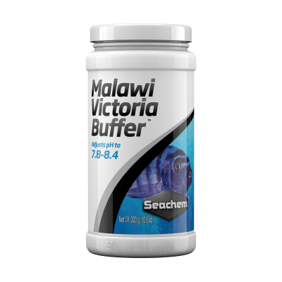 Embalagem branca Malawi Victoria Buffer Seachem com peixe azul no rótulo