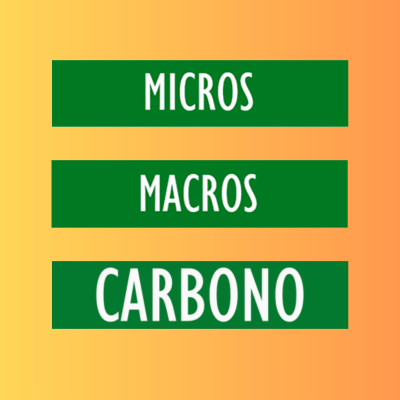 Caixas verdes com texto MICROS, MACROS e CARBONO em fundo degradê amarelo a laranja