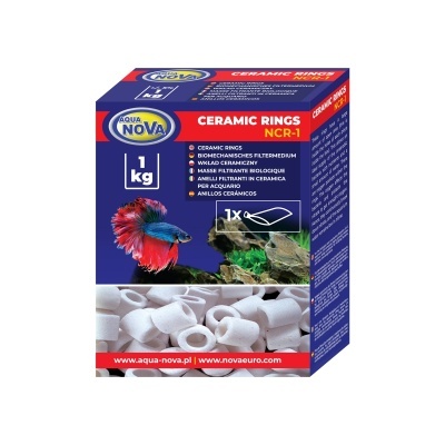 Caixa azul e vermelha de anéis cerâmicos para aquário Aqua Nova NCR-1, 1 kg