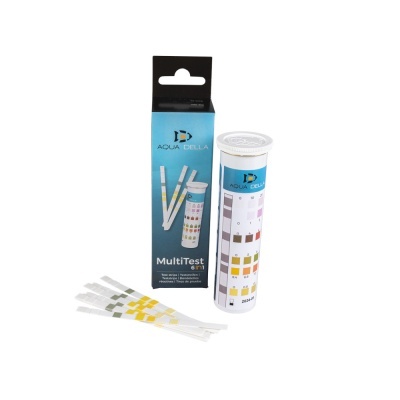 Kit de testes MultiTest 6 em 1 com embalagem azul e preta e tubo branco com fita de teste.