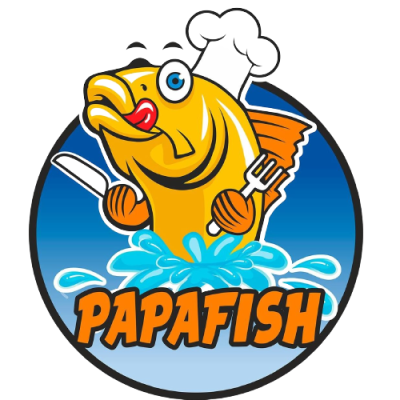 Logótipo de peixe amarelo com chapéu de chef e palavra PAPAFISH