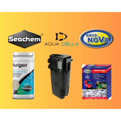 Produtos para aquário Seachem Purigen, filtro interno preto, e Aqua Nova Ceramic Rings NCR-1 em fundo laranja
