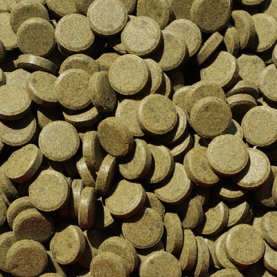 Pastilhas redondas verdes com textura granulada, empilhadas sem embalagem