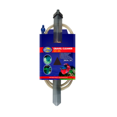 Limpador de cascalho para aquários Aqua Nova GC-24 em embalagem azul com tubo plástico e mangueira.