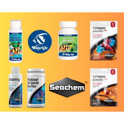 Produtos para aquários Waterlife e Seachem em frascos e pacotes sobre fundo amarelo-laranja