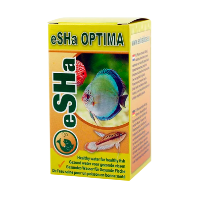 Embalagem do suplemento para peixes eSHa OPTIMA com imagem de peixes e texto multilingue