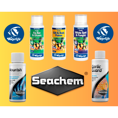 Cinco frascos de produtos para aquários das marcas Waterlife e Seachem com rótulos coloridos e logotipos sobre fundo amarelo.