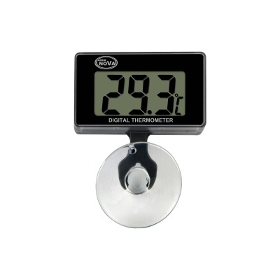 Termómetro digital preto com visor LCD e ventosa transparente