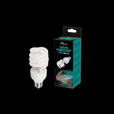 Lâmpada fluorescente branca e embalagem preta com azul e imagem de réptil